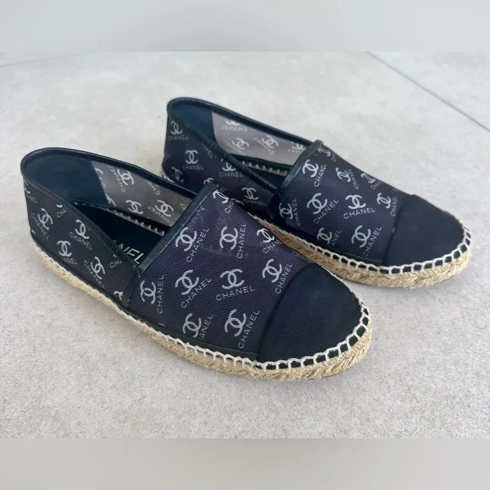 Chanel CC logo Mesh Grosgrain Cap Toe Black Espadrille Flats EU 37 US 6-6.5